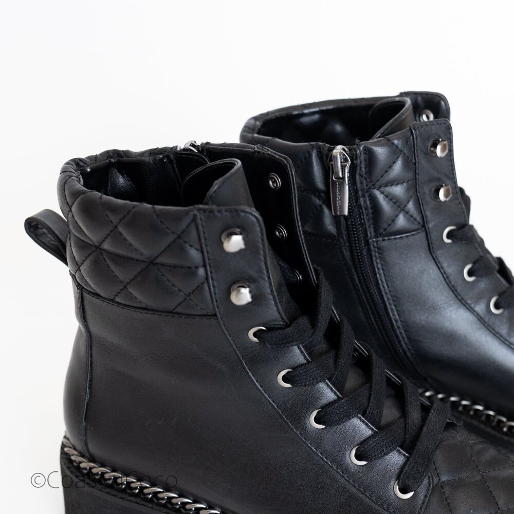 Vince Camuto Merindil Leather Combat Boots 8.5 Black Quilted Metal Chain Chunky - Picture 7 of 13